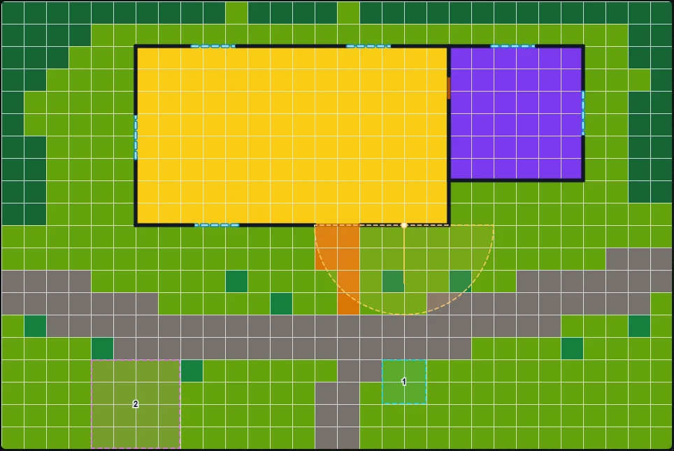 GridMage editor draft of the same tavern, showing room outlines, terrain, objects, and a light footprint