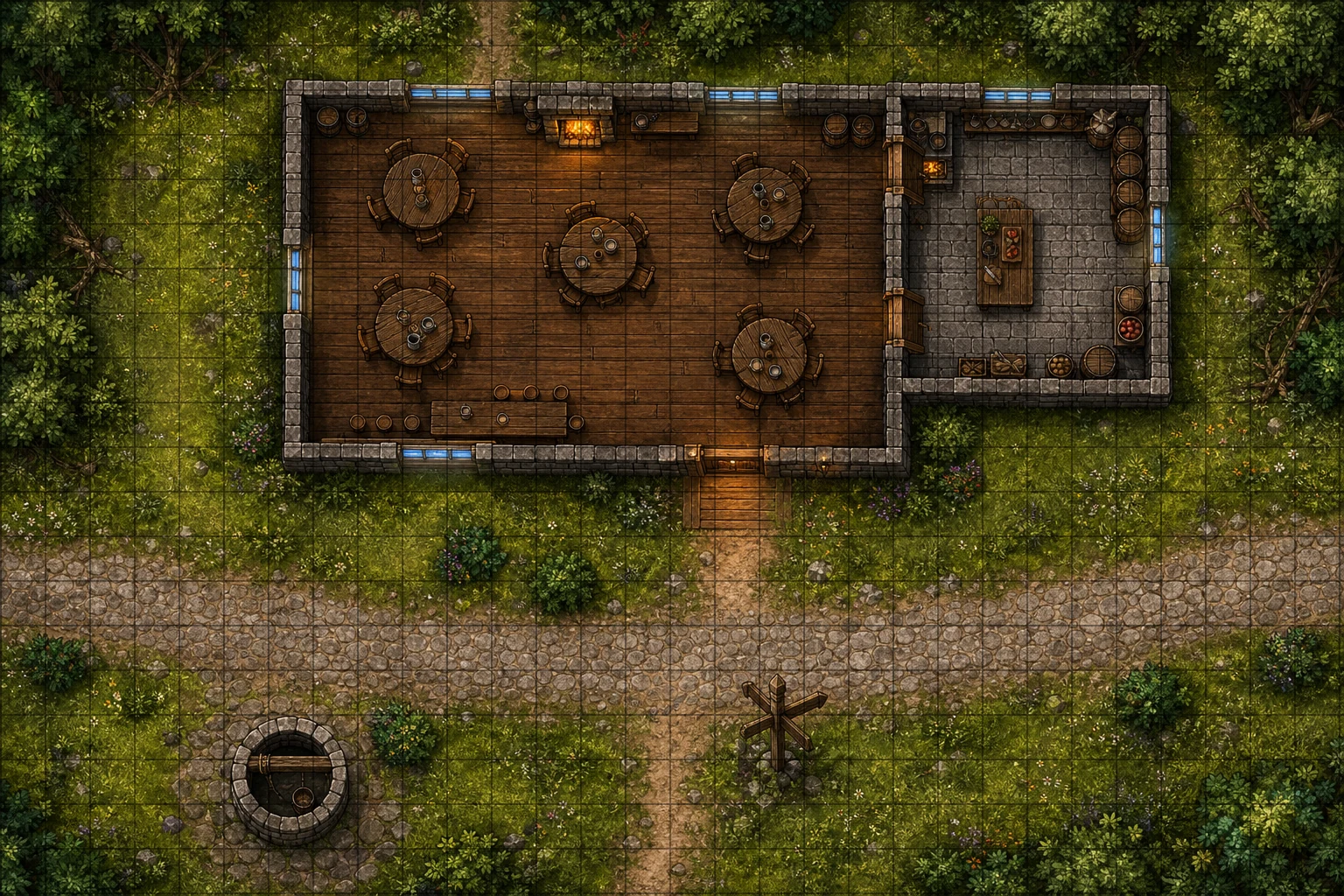 Generated tavern battle map with furnished rooms, a stone path, and a well among trees